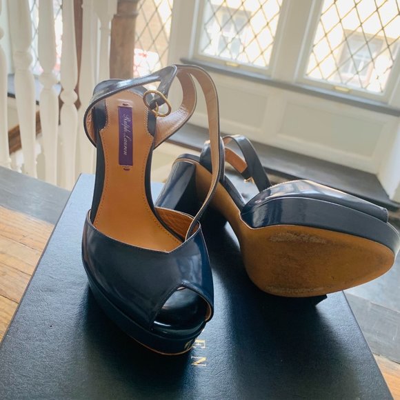 Ralph Lauren Leather Navy Peep Toe Heels - Picture 4 of 5